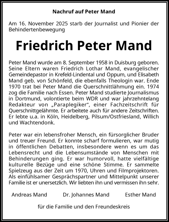 Traueranzeige von Friedrich Peter Mand von Rheinische Post