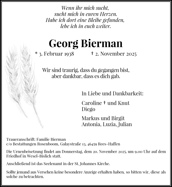 Traueranzeige von Georg Bierman von Rheinische Post