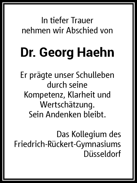 Traueranzeige von Georg Haehn von Rheinische Post
