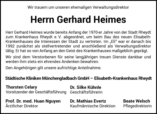 Traueranzeige von Gerhard Heimes von Rheinische Post