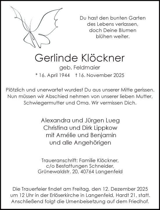 Traueranzeige von Gerlinde Klöckner von Rheinische Post