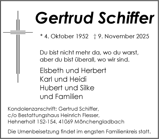 Traueranzeige von Gertrud Schiffer von Rheinische Post