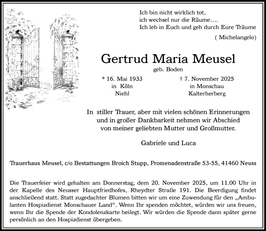 Traueranzeige von Gertrud Maria Meusel von Rheinische Post