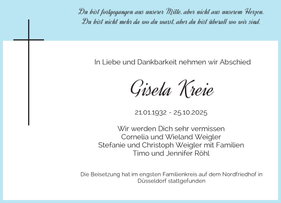 Traueranzeige von Gisela Kreie von Rheinische Post
