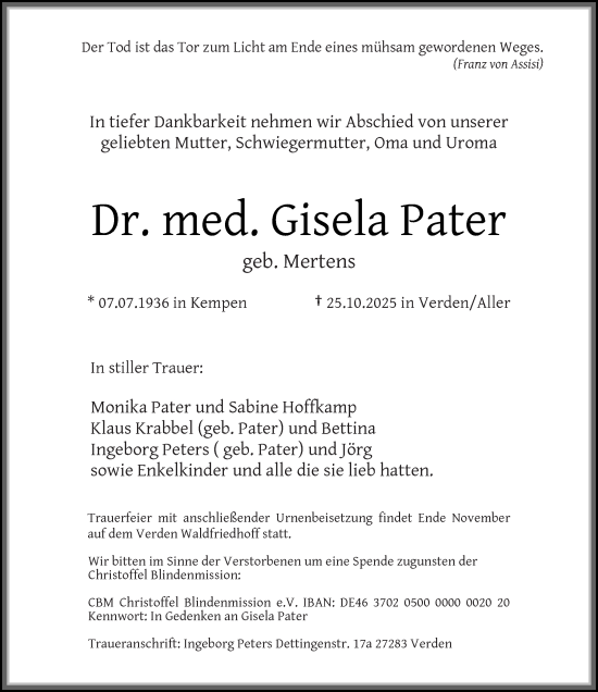 Traueranzeige von Gisela Pater von Rheinische Post