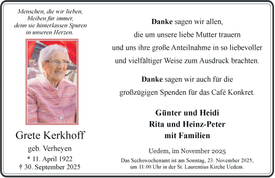 Traueranzeige von Grete Kerkhoff von Rheinische Post