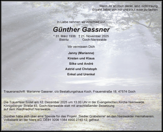 Traueranzeige von Günther Gassner von Rheinische Post