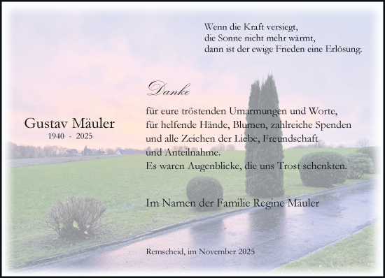 Traueranzeige von Gustav Mäuler von Rheinische Post