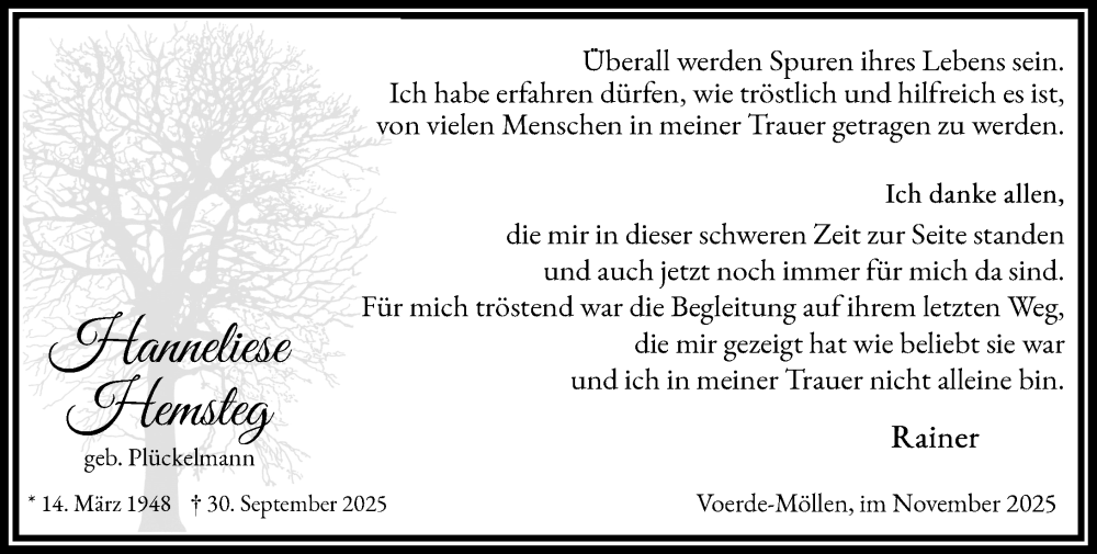  Traueranzeige für Hanneliese Hemsteg vom 29.11.2025 aus Rheinische Post