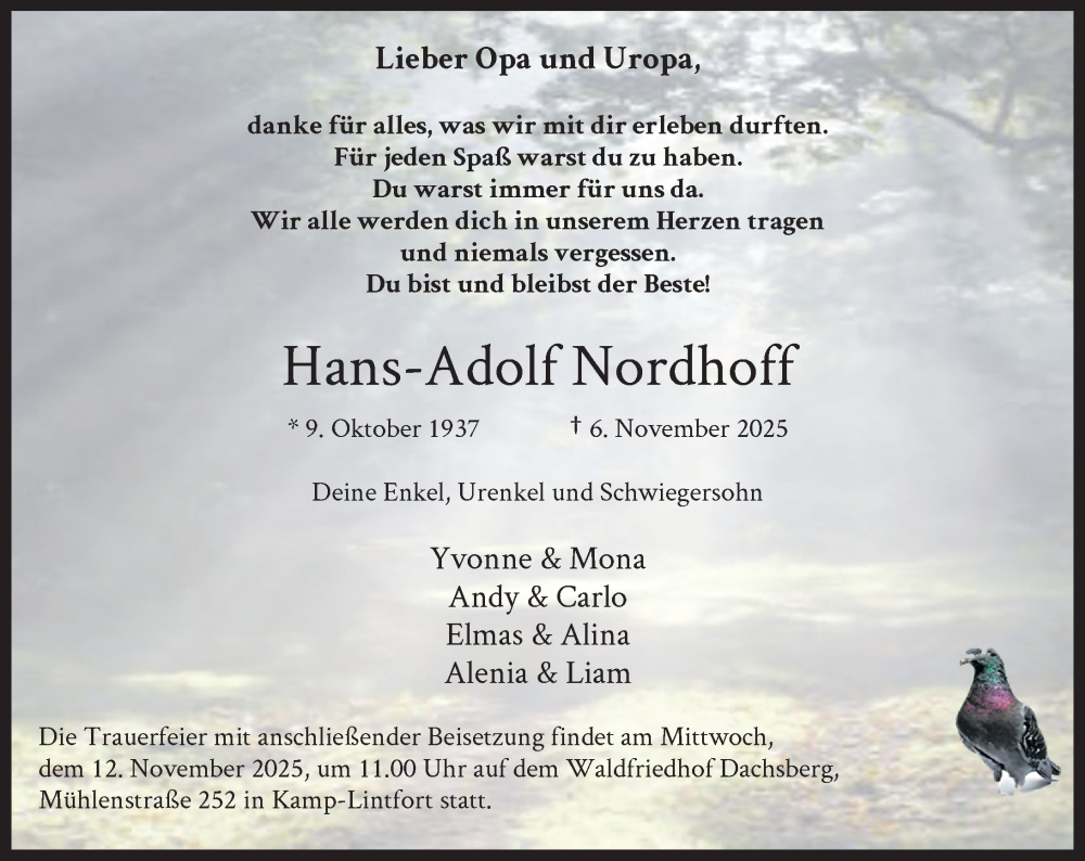  Traueranzeige für Hans-Adolf Nordhoff vom 11.11.2025 aus Rheinische Post