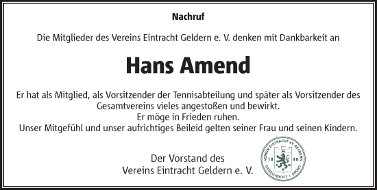 Traueranzeige von Hans Amend von Rheinische Post