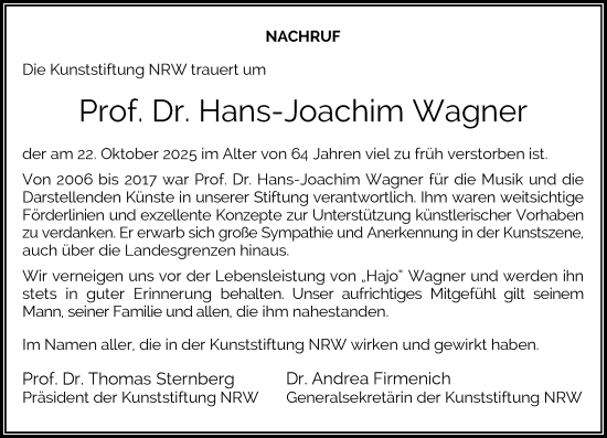 Traueranzeige von Hans-Joachim Wagner von Rheinische Post