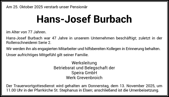 Traueranzeige von Hans-Josef Burbach von Rheinische Post