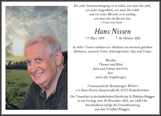 Traueranzeige von Hans Nissen von Rheinische Post