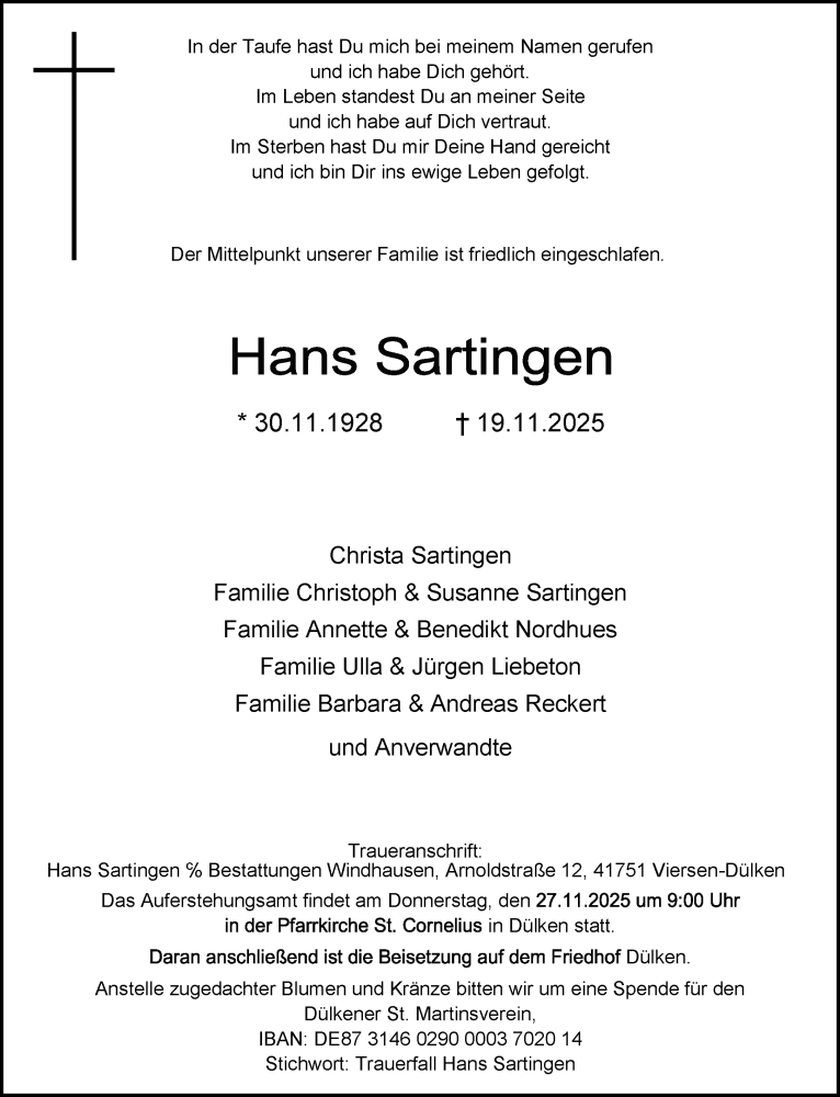  Traueranzeige für Hans Sartingen vom 22.11.2025 aus Rheinische Post