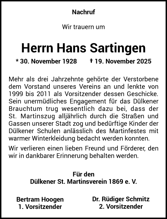 Traueranzeige von Hans Sartingen von Rheinische Post