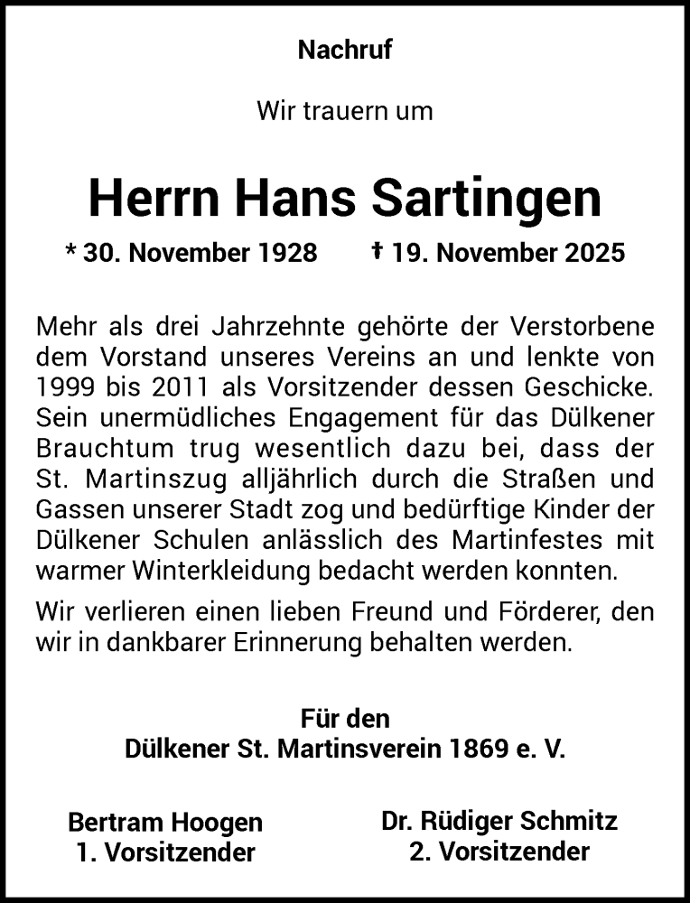  Traueranzeige für Hans Sartingen vom 26.11.2025 aus Rheinische Post