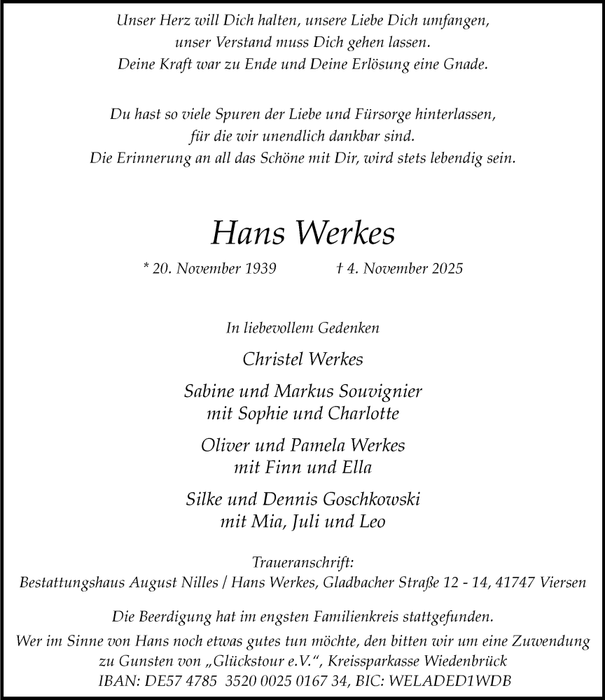  Traueranzeige für Hans Werkes vom 15.11.2025 aus Rheinische Post