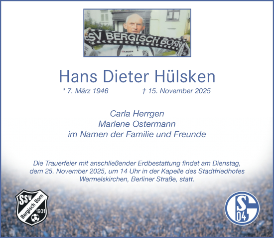 Traueranzeige von Hans Dieter Hülsken von Rheinische Post