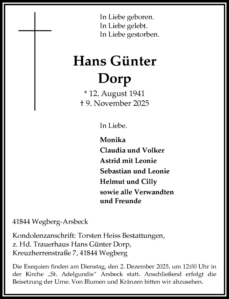  Traueranzeige für Hans Günter Dorp vom 22.11.2025 aus Rheinische Post