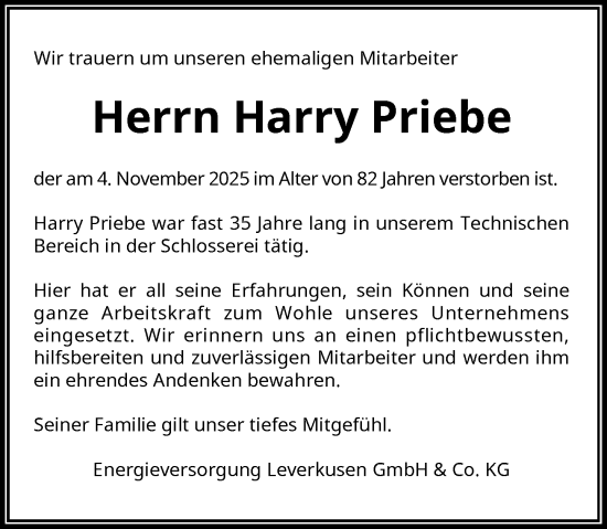 Traueranzeige von Harry Priebe von Rheinische Post