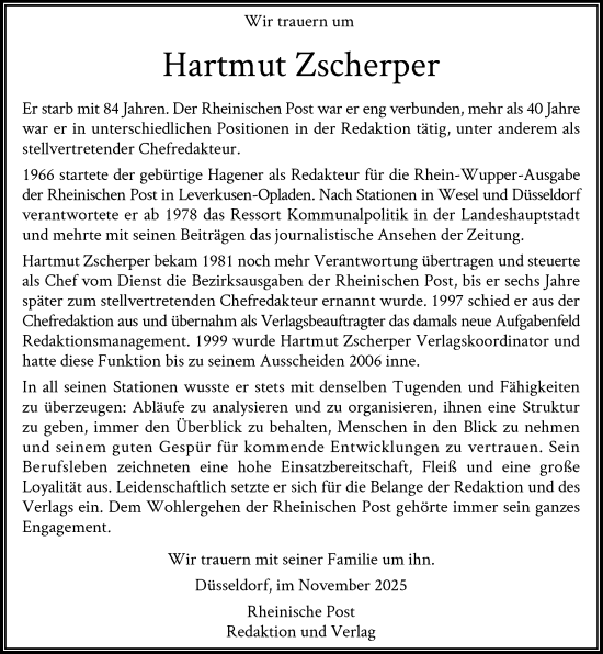 Traueranzeige von Hartmut Zscherper von Rheinische Post