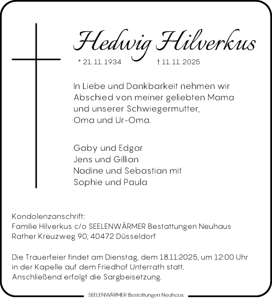 Traueranzeige von Hedwig Hilverkus von Rheinische Post