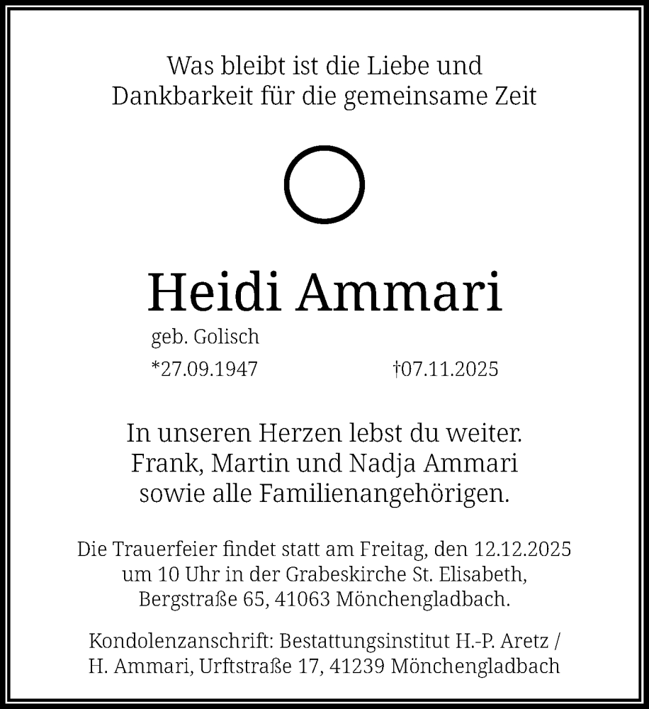 Traueranzeige für Heidi Ammari vom 22.11.2025 aus Rheinische Post