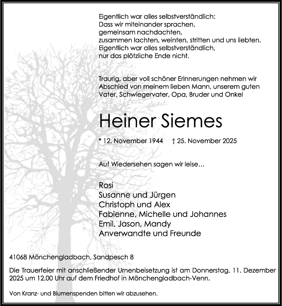  Traueranzeige für Heiner Siemes vom 06.12.2025 aus Rheinische Post