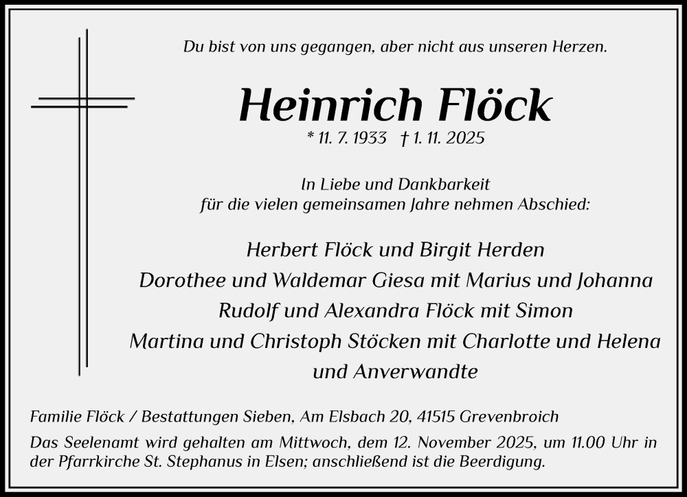  Traueranzeige für Heinrich Flöck vom 08.11.2025 aus Rheinische Post
