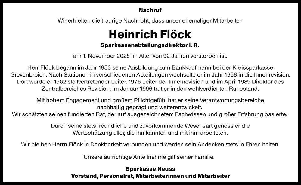  Traueranzeige für Heinrich Flöck vom 15.11.2025 aus Rheinische Post