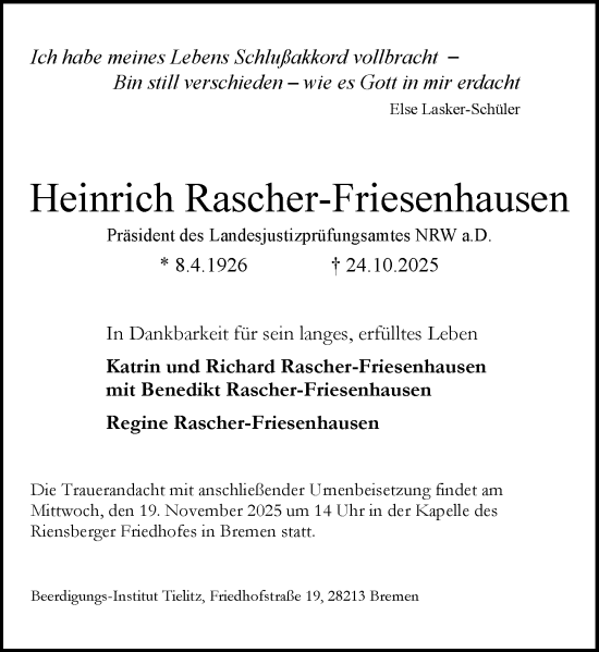 Traueranzeige von Heinrich Rascher-Friesenhausen von Rheinische Post