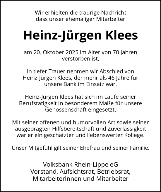 Traueranzeige von Heinz-Jürgen Klees von Rheinische Post