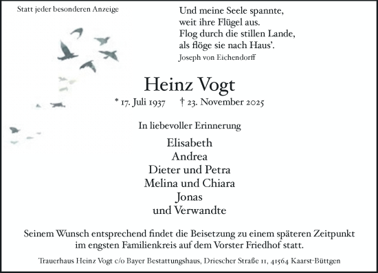 Traueranzeige von Heinz Vogt von Rheinische Post