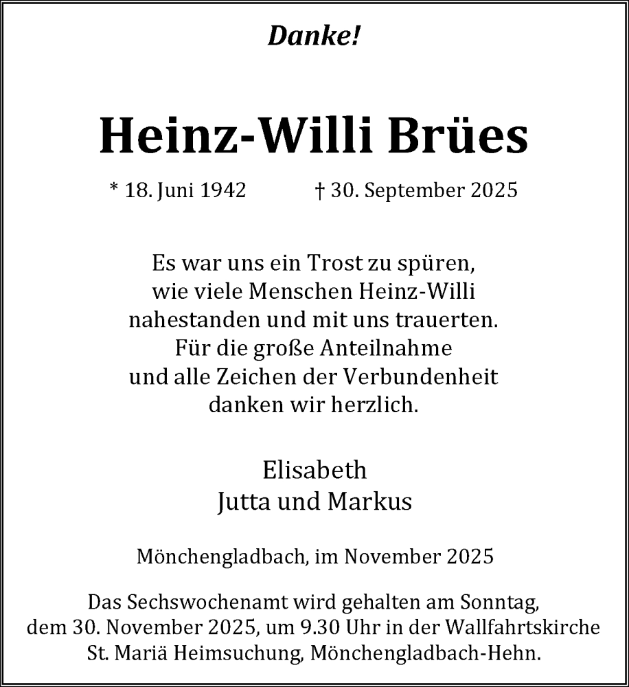  Traueranzeige für Heinz-Willi Brües vom 22.11.2025 aus Rheinische Post