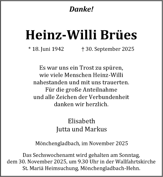 Traueranzeige von Heinz-Willi Brües von Rheinische Post