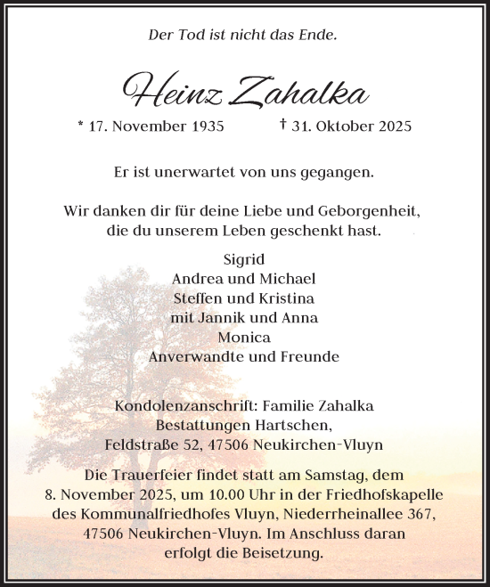 Traueranzeige von Heinz Zahalka von Rheinische Post