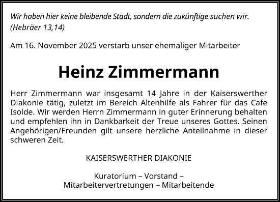 Traueranzeige von Heinz Zimmermann von Rheinische Post