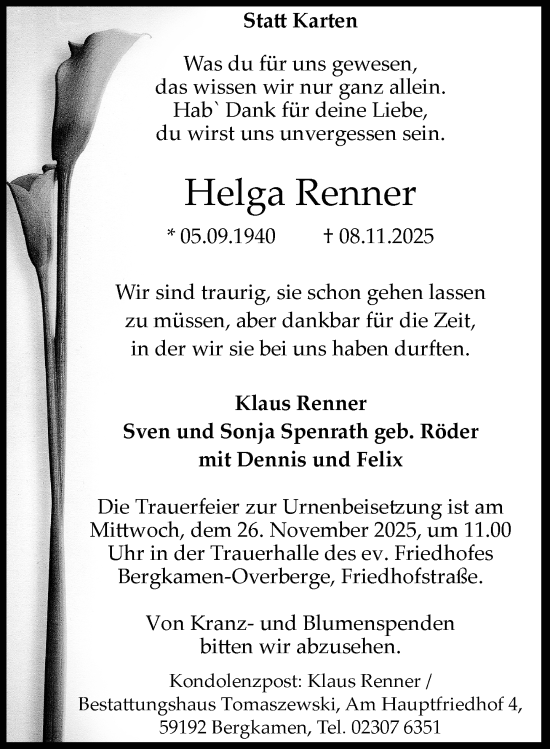 Traueranzeige von Helga Renner von Rheinische Post