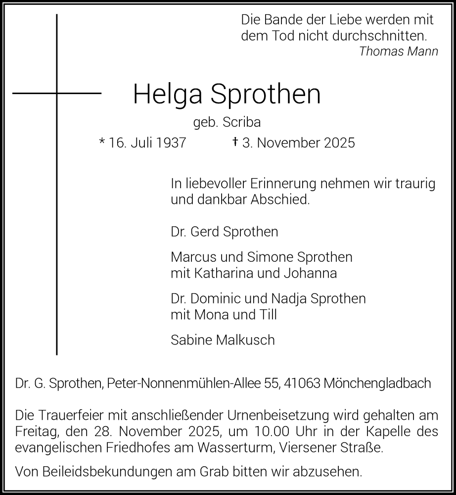  Traueranzeige für Helga Sprothen vom 15.11.2025 aus Rheinische Post
