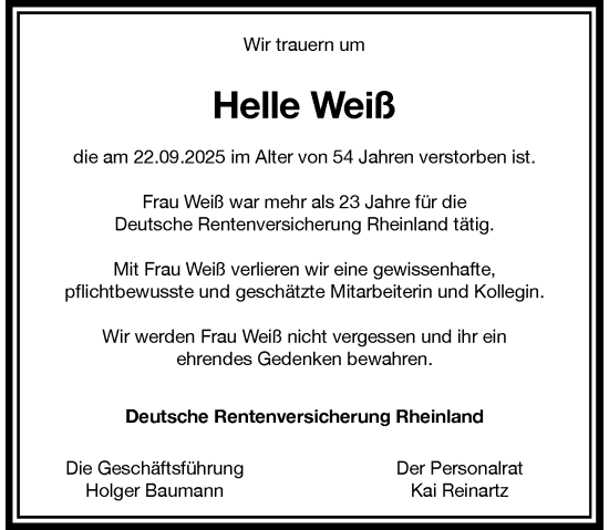 Traueranzeige von Helle Weiß von Rheinische Post