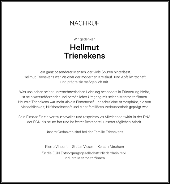Traueranzeige von Hellmut Trienekens von Rheinische Post