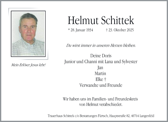 Traueranzeige von Helmut Schittek von Rheinische Post