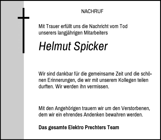 Traueranzeige von Helmut Spicker von Rheinische Post