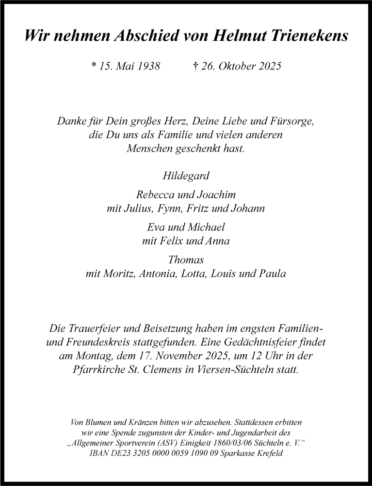  Traueranzeige für Helmut Trienekens vom 01.11.2025 aus Rheinische Post