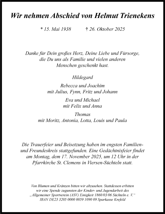 Traueranzeige von Helmut Trienekens von Rheinische Post