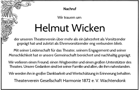 Traueranzeige von Helmut Wicken von Rheinische Post