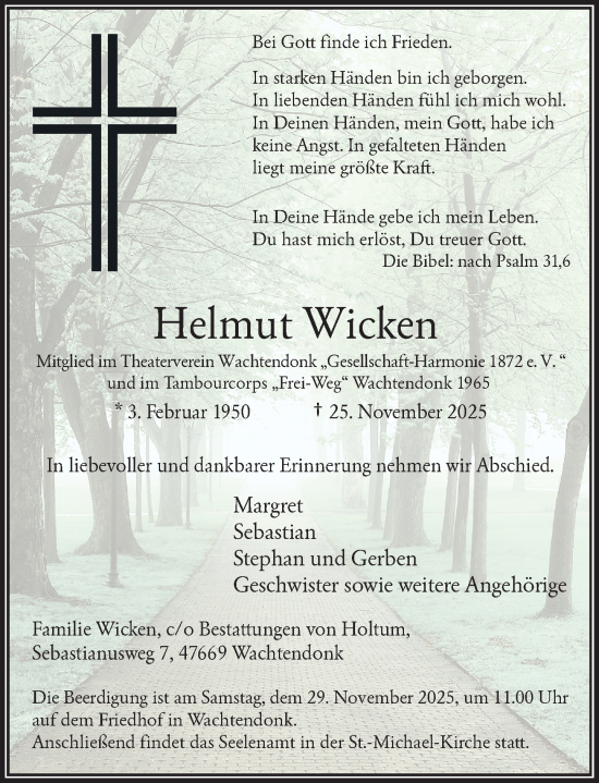 Traueranzeige von Helmut Wicken von Rheinische Post