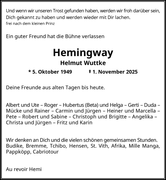 Traueranzeige von Helmut Wuttke von Rheinische Post