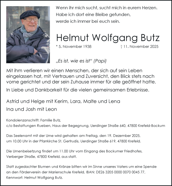 Traueranzeige von Helmut Wolfgang Butz von Rheinische Post